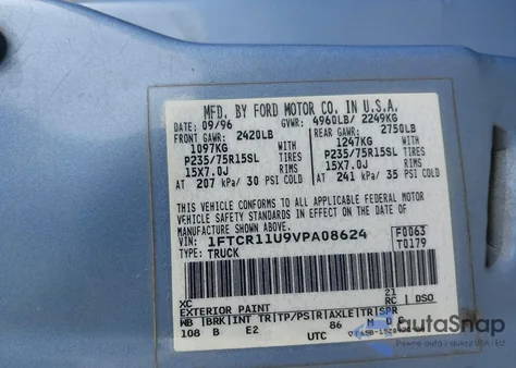 1997 Ford Ranger Splash/Stx/Xl/Xlt из США, поврежденный, VIN 1FTCR11U9VPA08624